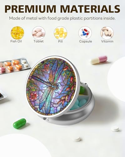 LRITER Pill Case, Portable Travel Pill Box, Pillbox Organizer, Cute Small Medicine Storage Container, Purse Accessories for Women, Men (Pill Case-Dragonfly A)