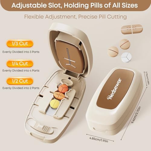Pill Cutter Splitter for Small & Large Pills – Adjustable Tablet Cutter Divider (1/2, 1/3, 1/4) | Easy Accurate Pill Splitter, Safe Hidden Blade, for Seniors, Pets, Vitamins & Daily Medication