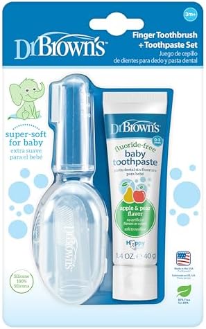 Dr. Brown's 100% Silicone Baby Finger Toothbrush and Toothpaste Set, 2-Pack Toothbrush with Storage Case, Fluoride-Free Apple Pear Toddler Toothpaste