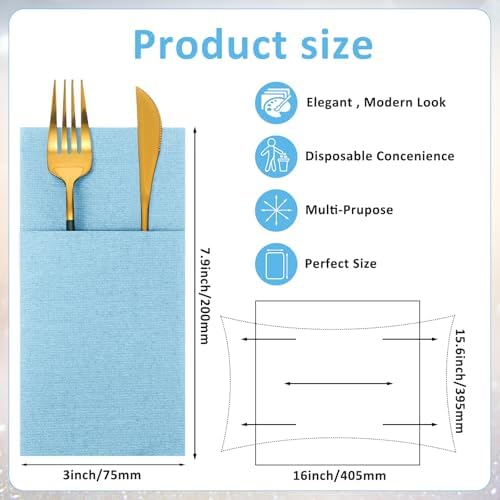 Cindeer 75 Pcs Light Blue Linen Dinner Feel Napkins with Built in Flatware Pocket Prefolded Paper Disposable Airlaid Guest Hand Towel for Silverware Wedding Reception Christmas Baby Shower