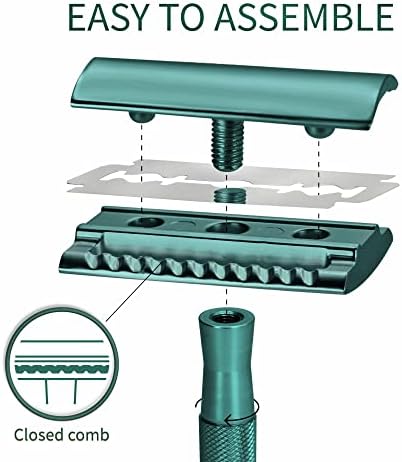 Bambaw Double Edge Close Comb Safety Razor with Stand, Shaving Razor for Men with 5 Safety Razor Blades, Reusable Eco Freindly DE Metal Razor – Sea Green