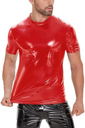 Men Shiny Leather T-Shirt, Wetlook, Short Sleeve, Glossy Latex Coat for Male