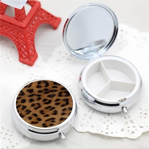 Pill Box 3 Compartment Pocket Small Pill Organizer Mini Metal Pill Holder Travel Portable for Man Woman Old People - Brown Leopard