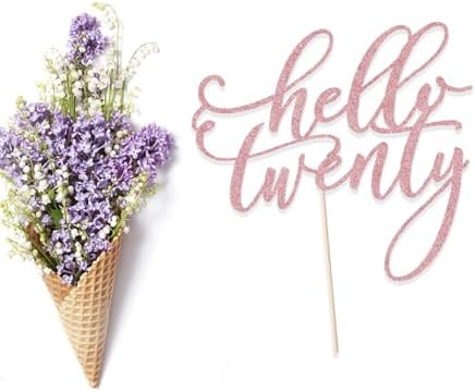 Hello Twenty Cake Topper, Happy 20th Birthday Cake Decorations, Handwriting Script 20th Anniversary Party, Rose Gold Glitter