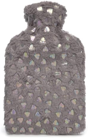 A2Z Hot Water Bottle 2 Litre Pink Heart Embossed Plush Fleece Pom Pom Cover Hot Water Bag for Pain Relief Cosy Nights and Relaxation