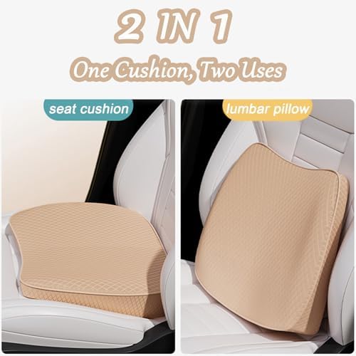 2 in 1 Wedge Car Seat Cushion or Lumbar Support - 3.2 inches Soft Memory Foam Cushion for Car Seat Driver for Comfort - Driving Cushion for Butt and Back Sciatica Pain Relief, Beige