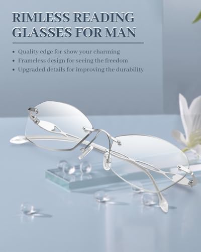 LUFF Rimless Reading Glasses for Women | Blue Light Computer Readers | Lightweight 16g Metal Frame | Eye Strain Relief