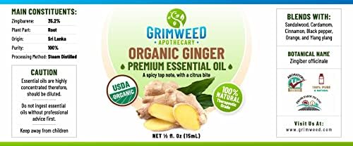 Ginger Essential Oil – USDA Organic -15mL - Therapeutic Grade- Diffuser Oil - 100% All Natural - with Glass Dropper, Grimweed Apothecary