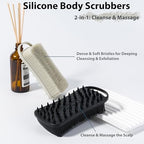 2 PC Silicone Body Scrubber, 2 in 1 Exfoliating Shower Bath Scrubber, Soft Silicone Loofah for Sensitive Skin, Shower Hair Scalp Massager, Easy to Clean, Lather Well (Grey&Black)