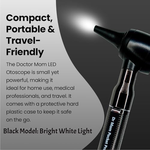 4th Generation Doctor Mom LED Pocket Pro Otoscope with Both Adult and Pediatric Disposable Specula Tips, Battery, and Protective Hard Plastic Case - Black