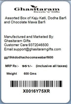 Ghasitaram Gifts Indian Sweets - Mother's Day Gifts - Assorted Box of Kaju Katli, Dodha Barfi and Chocolate Mawa Barfi