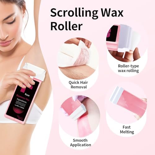 Roll On Wax Refill- Easy Home Waxing for Large Areas, 6 Weeks Smooth Skin (4 Wax Cartridges, 50 Waxing Strips, 5 Removal Wipes) (Rose)