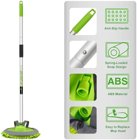 anngrowy 62" Microfiber Car Wash Brush Mop Kit Mitt Sponge with Long Handle Car Cleaning Supplies Kit Duster Washing Car Tools Accessories, 1 Chenille Scratch-Free Replacement Head Aluminum Alloy Pole