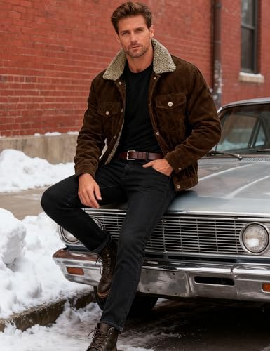 MAGCOMSEN Men's Corduroy Jacket Winter Sherpa Lined Warm Thick Trucker Cargo Coat with 5 Pockets