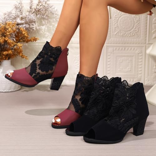 Women's Flowers Lace Fish Mouth Open Toe High Heels Sandals with Back Zipper Cutout Breathable Non-Slip Block Heeled Ankle Bootie Sandals Fashion Wedding Party Dress Shoes