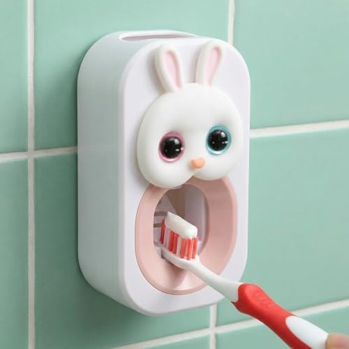 FOMIYES Automatic Toothpaste Dispenser Wall Mounted Toothpaste Squeezer No Drilling Required Cute Bunny Squeezer for Kids Family
