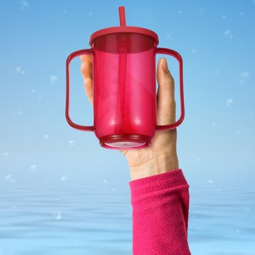 Sliner Adult Sippy Cups for Elderly 12 oz Straw Sippy Cups with 2 Handles No Spill for Adults Spill Proof Dysphagia Cup for Disabled Patients(Red)