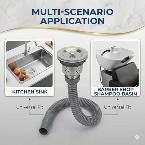 Stainless Steel Sink Drain Strainer Assembly with Flexible Hose - Salon Shampoo Bowl Drain Kit with Deep Hair Catcher Basket & Stopper - Fits 3.1" to 3.5" Sink Openings