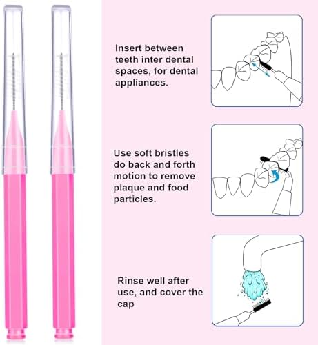 Patelai 100 Pieces Braces Brush for Cleaner Interdental Brush Toothpick Dental Tooth Flossing Head Oral Dental Hygiene Flosser Toothpick Cleaners Tooth Tool(Pink,Portable Size)