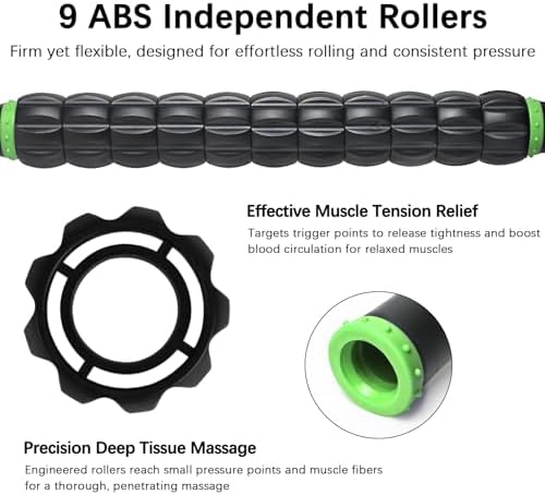 Muscle Roller Massage Roller Stick- Deep Tissue Fascia Blaster for Myofascial Pain Relief, Lymphatic Drainage & Body Sculpting, Handheld Physical Therapy & Recovery Tool (Green black-18 inch)