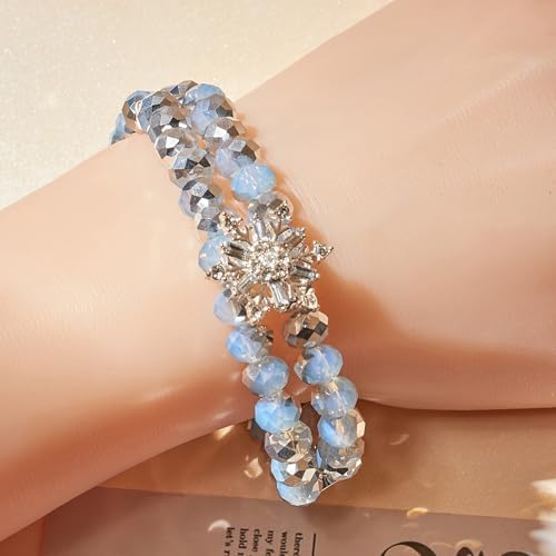 Nojess Christmas Snowflake Bracelets for Women Layered Cut Crystal Glass Bead Stretch Bangle Bracelet Winter Holiday Birthday Bracelet Xmas Snowflake Jewelry Gifts