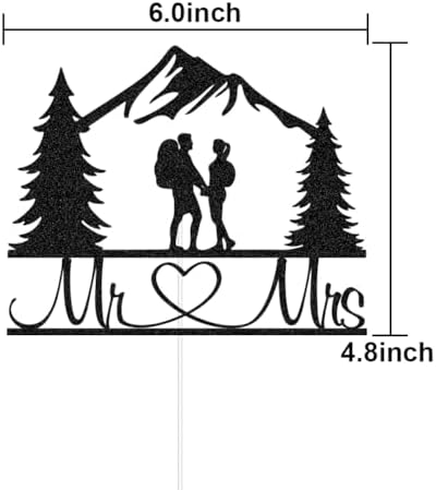 Mountain Mr & Mrs Wedding Cake Topper, Black Glitter Hiking Theme Wedding Party Decoration, Black Backpacking Bride and Groom Silhouettes Cake Toppers