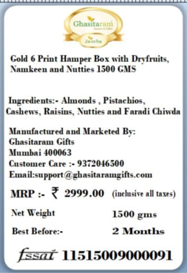 Ghasitaram Gifts Diwali Gifts Diwali Dryfruit - Gold 6 Print Hamper Box with Dryfruits, Namkeen and Nutties 1500 GMS