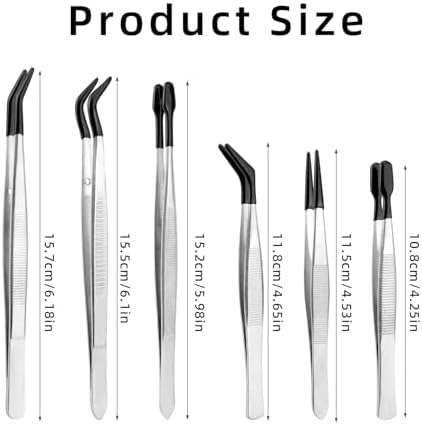 6pcs Rubber Tip Tweezers, Long Tweezers Bent Pointed Tipped Hobby Tweezer for Crafts Jewelry Making Plastic Silicone Sticker Seed Stamp Collecting Entomology Mosaic Ear Nail Supplies