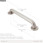 Moen Home Care Bathroom Safety 18 Inch Stainless Steel Handicap Grab Bar for Bathtub and Shower, Slip Resistant Finish, Elderly Assistance Product, Polished Brass, R8918P