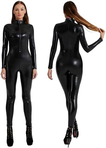 Maxim Party Supplies Metallic Catsuit for Women - Zip Front Mock Neck Unitard Bodysuit for Cosplay, Costume, Dance, Rave