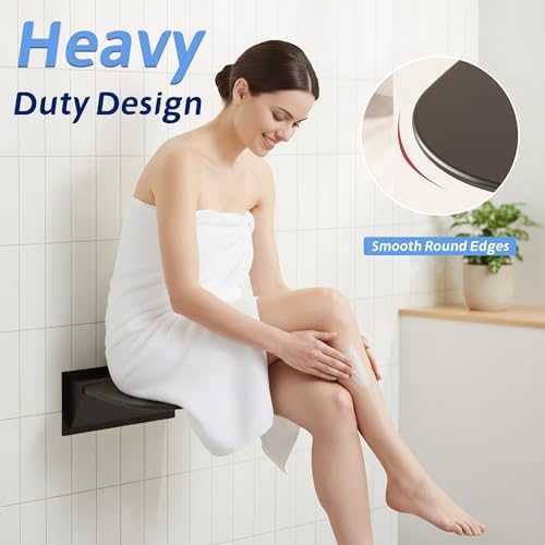 Wall Mounted Shower Seat 15.7" Folding Shower Seat with Embed CS Seat Bracket Bistable Structure UF Shower Seats Aluminum Base 440lb Load Capacity for Bathroom Remodel, Matte Black
