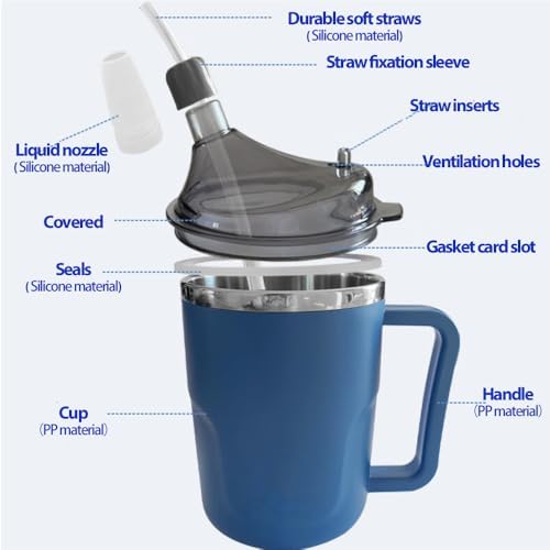 13.5oz Spill Proof Cups for Elderly, 3 in 1 Stainless Steel Sippy Cup with Straw and 2 Lids for Adults, Great for Water, Milk, Soup, Health & Household Supplies
