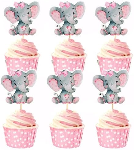 24 Pack Elephant Cupcake Toppers Birthday Cupcake Picks Gender Reveal Elephant Cake Decorations for Boys or Girls Baby Shower Elephant Theme Birthday Party Decorations Supplies(Pink)