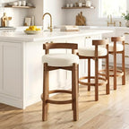 Ya-Home Mid-Century Bar Stools Set of 2, 26.5 Inch Linen Counter Height Upholstered Barstools Bar Chairs with Solid Wooden Legs for Kitchen Island Dining Room, Beige