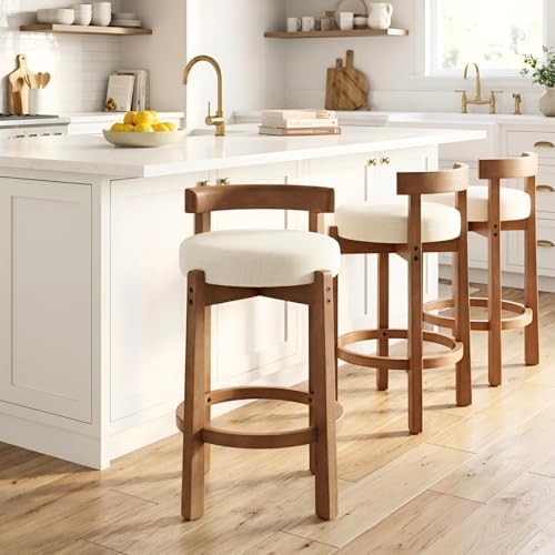 Ya-Home Mid-Century Bar Stools Set of 2, 26.5 Inch Linen Counter Height Upholstered Barstools Bar Chairs with Solid Wooden Legs for Kitchen Island Dining Room, Beige