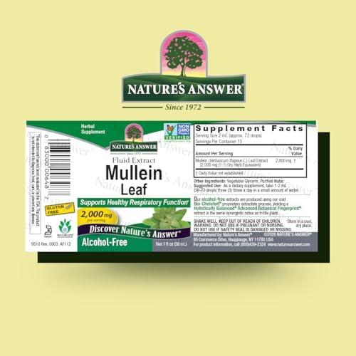 Nature's Answer Mullein Herb - Mullein Leaf Extract for Lungs - Alcohol Free, Non GMO, Made in USA - Supports Respiratory Function & Promotes Healthy Lungs - Mullein Leaf 1 Ounce Extract