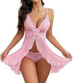 Sexy Lingerie for Women Lace Babydoll Halter Chemise Nightgowns V Neck Sleepwear Nightdress and Underwear 2 Piece Set