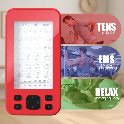 TENS Unit Muscle Stimulator, 3-in-1 TENS & EMS Stimulator Machine with 24 Modes & 20 Levels, Rechargeable EMS Massager for Neck, Shoulder, Sciatica & Back Pain Relief with 12 Pads, EVA Case