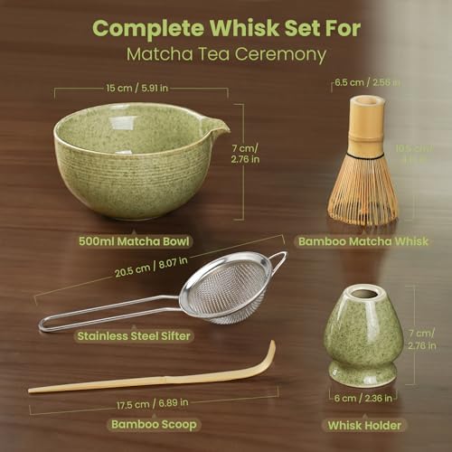 Matcha Whisk Set, Ceramic Bowl Matcha Kit & Handcrafted Bamboo Chasen, Complete 5 Pcs Matcha Set Whisk and Bowl, Stainless Steel Sifter, Bamboo Scoop & Holder for Matcha Lovers