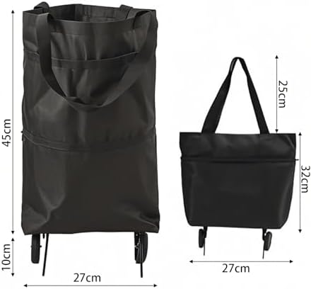 2 in 1 Foldable Shopping Cart with Wheels for Groceries, 25kg Grocery Cart on Wheels Collapsible Shopping Carts for Groceries Waterproof Oxford Travel Bag Reusable (Black)
