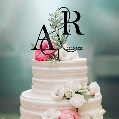 Personalized Wedding Cake Topper in Acrylic Custom Bride and Groom Initial Cake Topper Cake Decoration (Green Leaves)