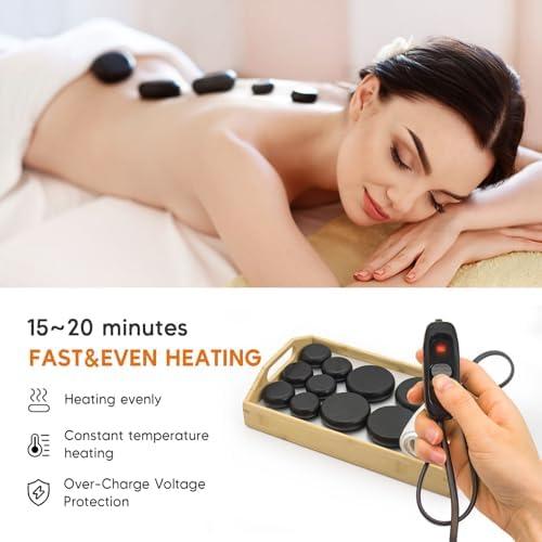 Hot Stones Massage Set with 12 Stones & 2 Towels – Massage Tools for Deep Tissue Pain Relief | Professional Hot Rocks Massage Stones Warmer Kit with Bamboo Heater Box for Home Spa Warming