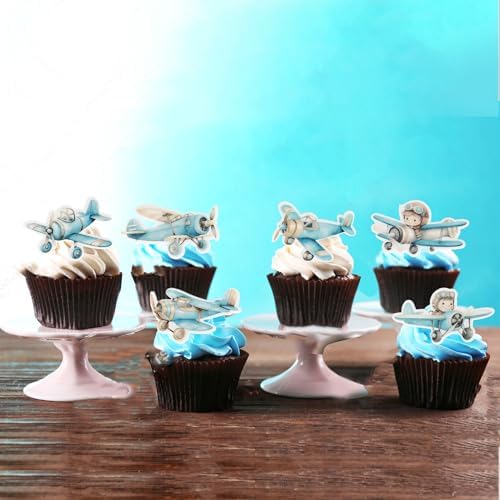 60 PCS Edible Airplane Cupcake Toppers Pilot Aviation Plane Cupcake Picks Edible Airplane Plane Cake Decorations for Airplane Theme Baby Shower Kids Boys Birthday Party Decorations Supplies Blue