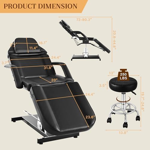 Facial Tattoo Chair for Client, Hydraulic Esthetician Lash Bed with Rolling Stool, 360° Swivel Adjustable Headrest Tattoo Artist Massage Table Beauty Salon Spa Equipment, Black