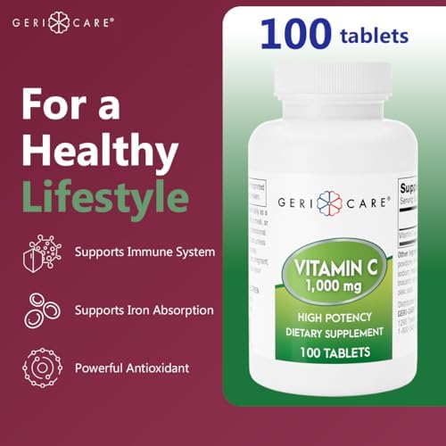 GeriCare Vitamin C 1000 mg – High Potency 100 Tablets – Supports Immune Function, Enhances Skin Care with Collagen Production, Aids in Iron Absorption, and Vascular System Health