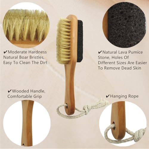 Natural Lava Pumice Stone for Feet with Foot Brush, Callus Remover Foot Scrubber Exfoliator Pedicure Tools for Hard Dead Skin, Softer & Smoother Feet, Double Sided Boar Bristles Wooden Handle