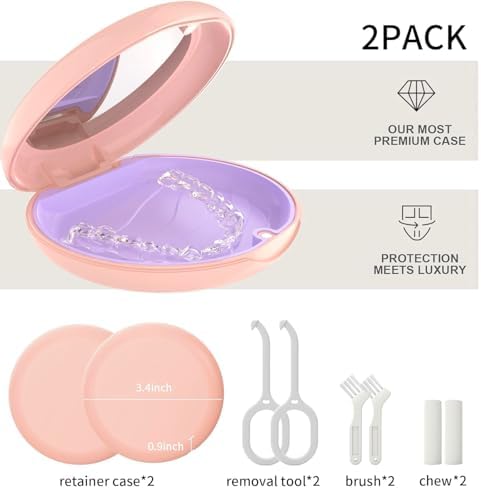 2 Pack Retainer Case with Mirror, Compatible with Invisalign, Orthodontic Aligner Case with Removal Tool and Brush, Pink