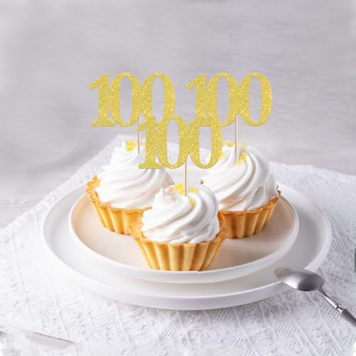 Rsstarxi 36 Pack Number 100 Cupcake Toppers Gold Glitter Cheers to 100 Years Birthday Cupcake Picks Decoration for Happy 100th Birthday Wedding Anniversary Party Cake Decorations