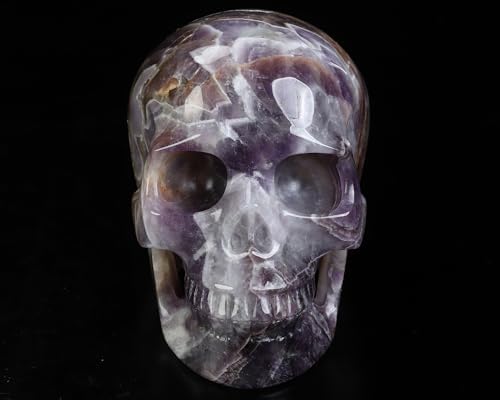 Skullis 5.0”Dream Chevron Amethyst Crystal Skull, Hand Carved Gemstone Fine Art Sculpture, Reiki Healing Stone Statue 3301.