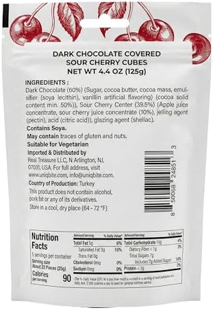 Dark Chocolate Covered Sour Cherry Cubes, 4.4 oz (125g), Sour Cherry Chocolate Dragee, Resealable Bag